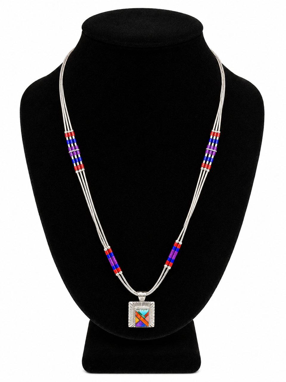 Handcrafted Navajo Liquid Sterling Silver Multi Stone Necklace (22") by Q.T. Quoc