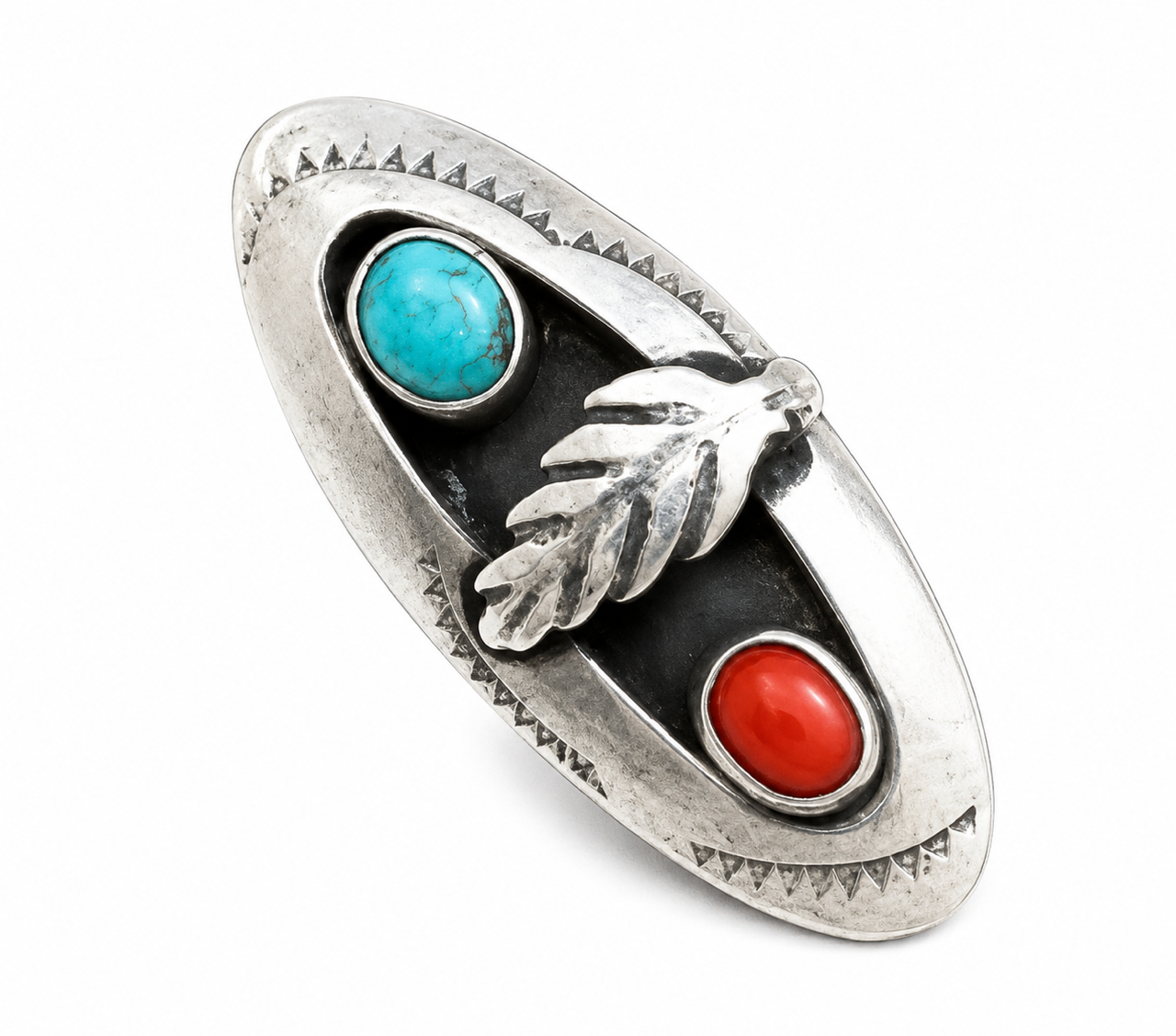 Vintage Navajo Handcrafted Sterling Silver with Turquoise and Coral Ring (size 5.5)