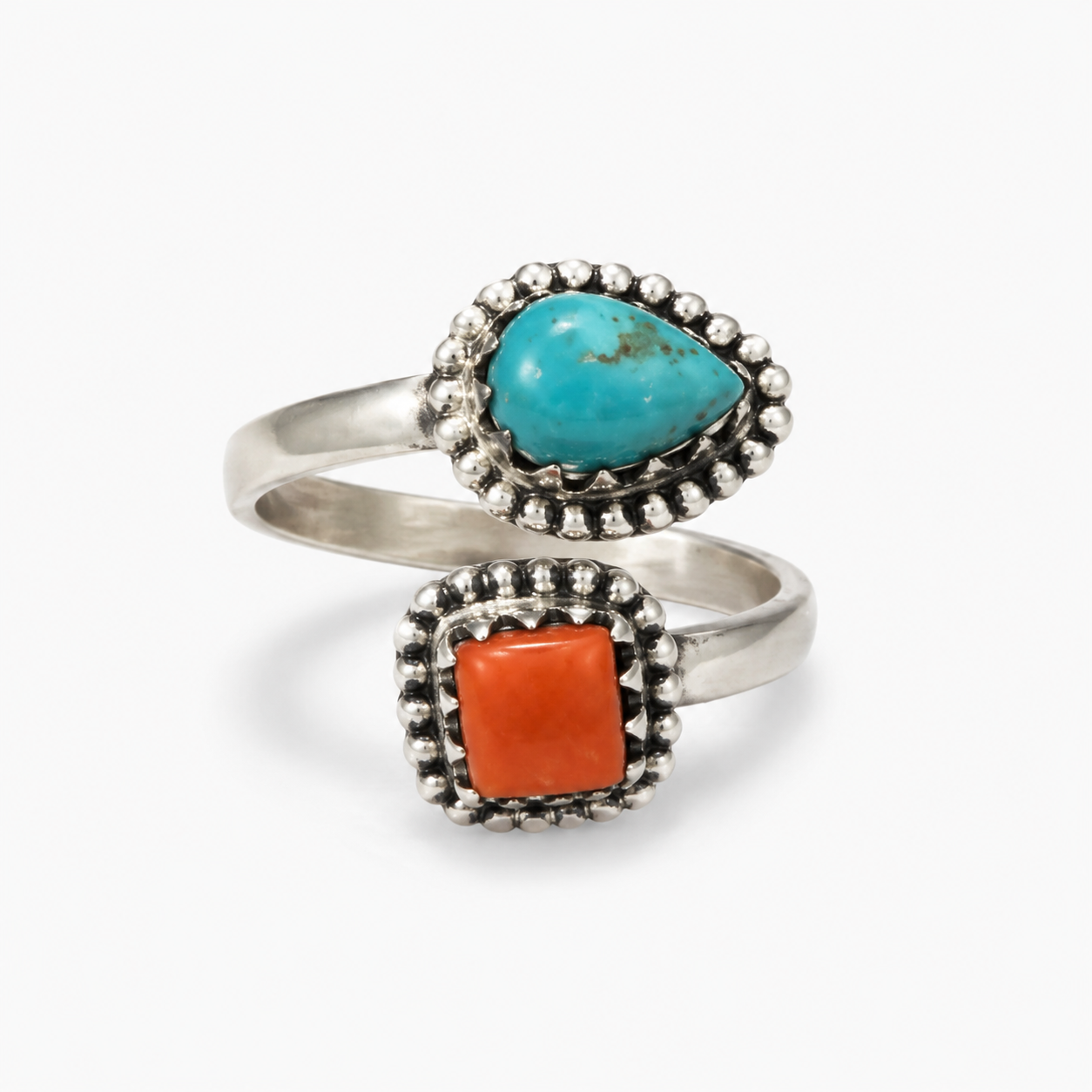 Coral & Turquoise Bypass Ring (Size 10-11)
