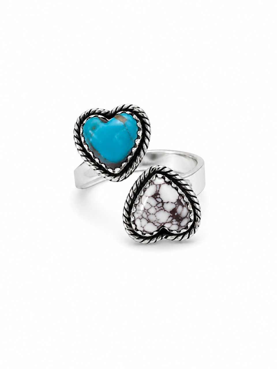 Wild Horse & Turquoise Double Heart Bypass Ring (size 6-8)